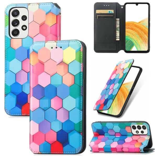 CaseNeo For Samsung Galaxy A33 5G Leather Wallet Flip Case With RFID Blocking Credit Card Holder Slots Cover - Colored Squares CaseNeo For Samsung Galaxy A33 5G Leather Wallet Flip Case With RFID Blocking Credit Card Holder Slots Cover - Colored Squares
